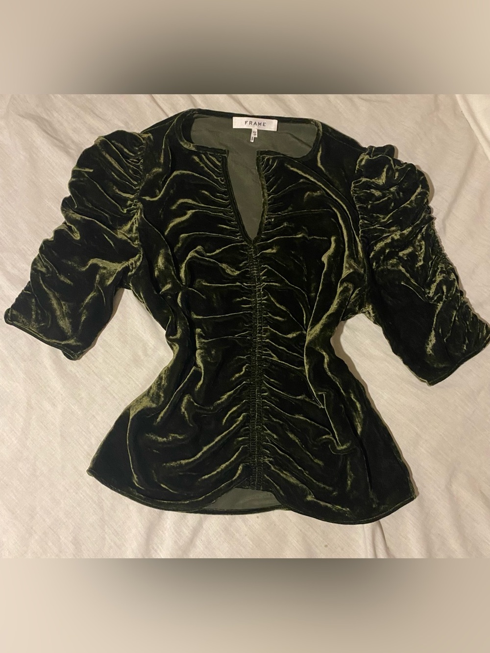 Frame Denim Olive Green Velvet Ruched Peplum Top
